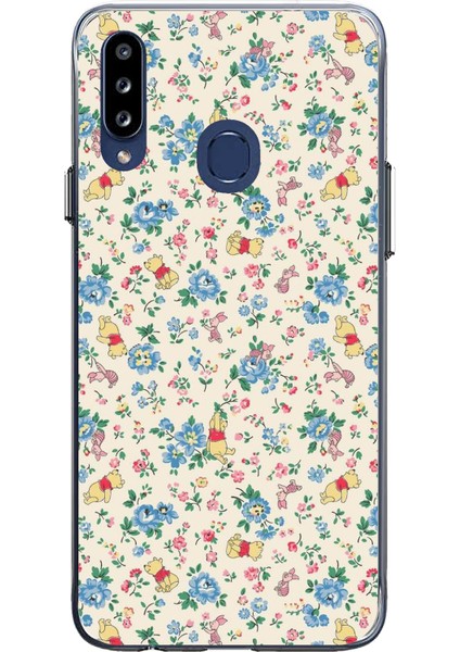Samsung Galaxy A20S Uyumlu Ayı Winnie Pooh ve Çiçekler Baskılı Silikon Kılıf