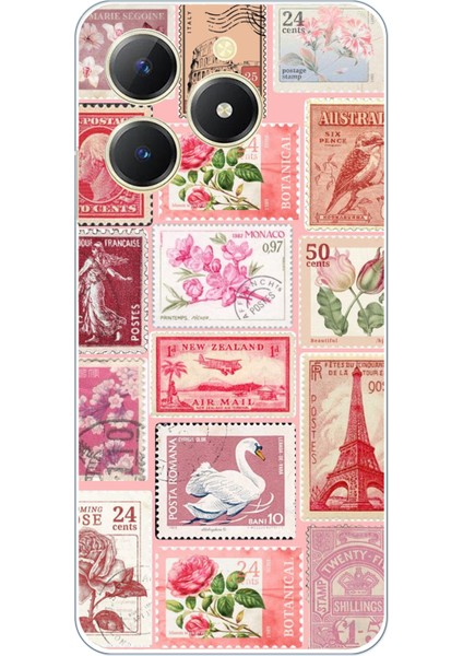 Realme C61 Uyumlu Pembe Posta Pulları Baskılı Silikon Kılıf