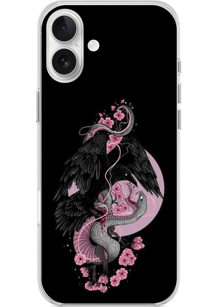 iPhone 16 Plus Uyumlu Pembe Siyah Yılan Baskılı Silikon Kılıf