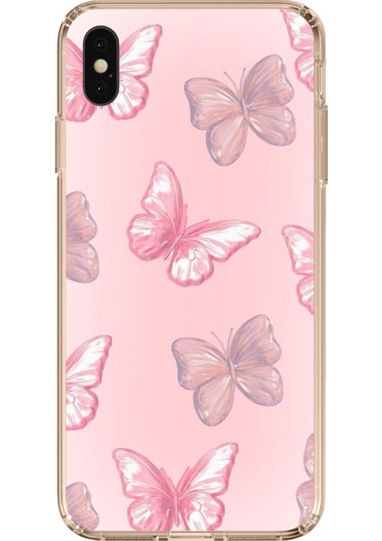 iPhone Xs Max Uyumlu Pembe Kelebekler Baskılı Silikon Kılıf