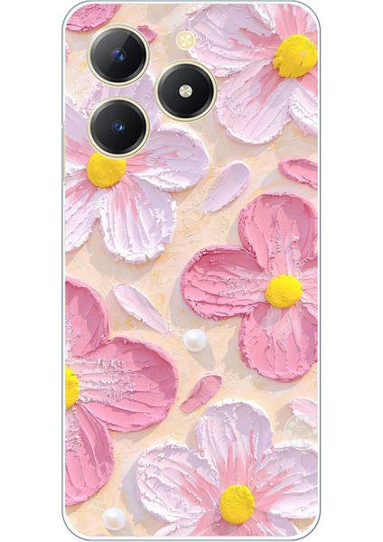Realme C61 Uyumlu Pembe Beyaz Çiçekler Sulu Boya Baskılı Silikon Kılıf