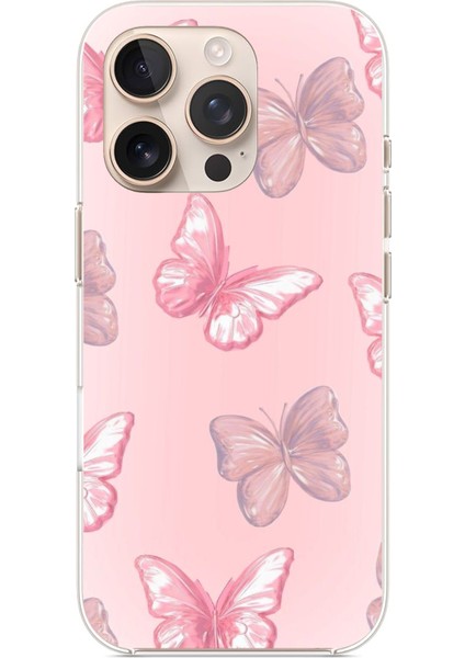 iPhone 16 Pro Max Uyumlu Pembe Kelebekler Baskılı Silikon Kılıf