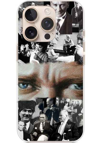 iPhone 16 Pro Max Uyumlu Atatürk Renkli Kolaj Gözler Baskılı Silikon Kılıf
