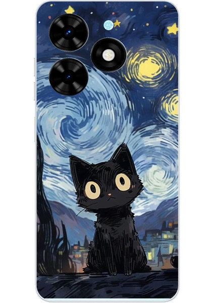 Tecno Spark Go 2024 Uyumlu Gece Yarısı Kedi Tasarımlı Baskılı Silikon Kılıf