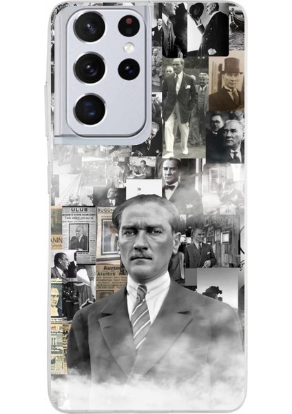 Samsung Galaxy S21 Ultra Uyumlu Mustafa Kemal Atatürk Kolaj Baskılı Silikon Kılıf