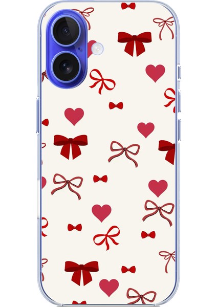 iPhone 16 Uyumlu Bordo Kalp ve Fiyonklar Baskılı Silikon Kılıf