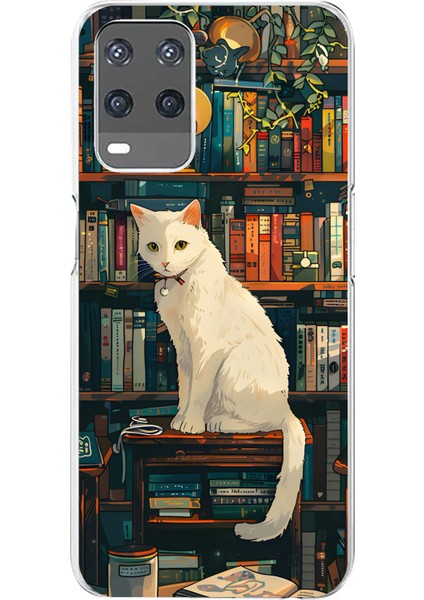 Oppo A54 Uyumlu Kitaplık Beyaz Kedi Tasarımlı Baskılı Silikon Kılıf