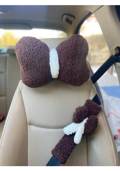 Oto Koltuğu Boyun Yastığı ve Emniyet Kemeri -Koyu Kahve-Pelüş Araç Yastığı ve Emniyet Kemeri Seti