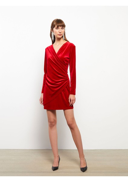 Yeni Sezon Kruvaze Yaka Düz Uzun Kollu Kadife Kadın Bodycon Elbise