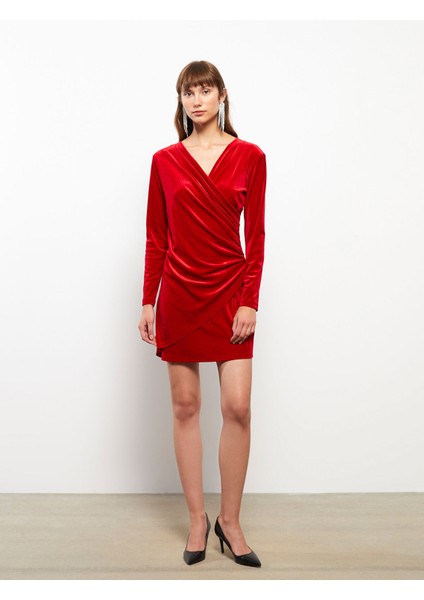 Yeni Sezon Kruvaze Yaka Düz Uzun Kollu Kadife Kadın Bodycon Elbise modelleri