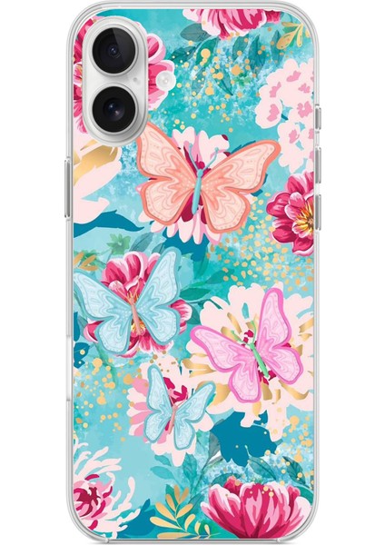 iPhone 16 Plus Uyumlu Kelebekler ve Çiçekler Baskılı Silikon Kılıf