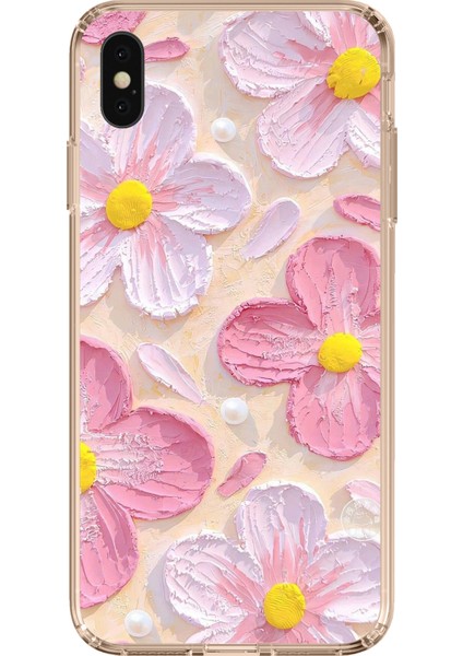 iPhone Xs Max Uyumlu Pembe Beyaz Çiçekler Sulu Boya Baskılı Silikon Kılıf