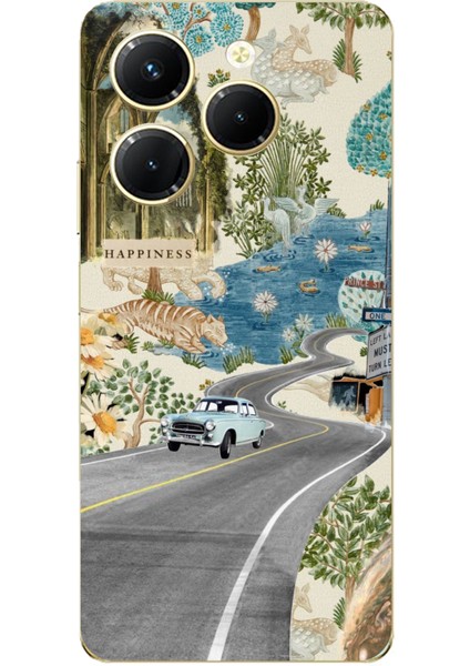 Tecno Spark 20 Pro Uyumlu Yeşil Sanatsal Yol Çiçekler Baskılı Silikon Kılıf