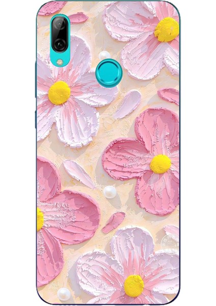 Huawei P Smart 2019 Uyumlu Pembe Beyaz Çiçekler Sulu Boya Baskılı Silikon Kılıf