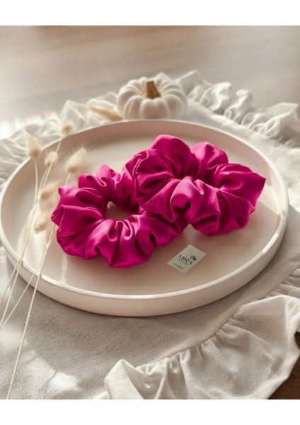 2'li Lüks Kadın Saten Toka - Büyülü Fuşya - Lastik Model Scrunchie - Anne Kız Kombini