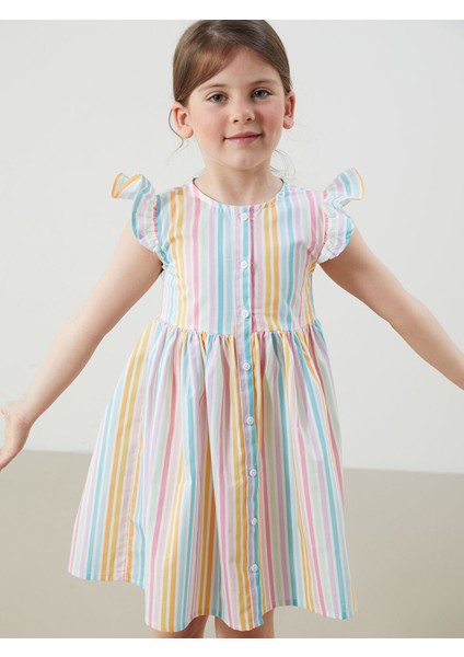 Yeni Sezon Önden Düğmeli Çizgili Kız Çocuk Poplin Elbise