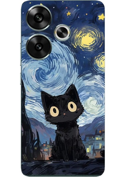 Poco F6 Uyumlu Gece Yarısı Kedi Tasarımlı Baskılı Silikon Kılıf
