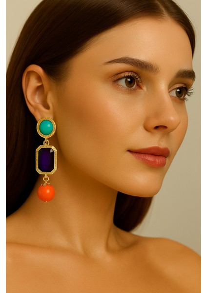 Renkli Taşlı Asimetrik Sallantılı Kadın Küpe – Altın Kaplama, Trend Tasarım