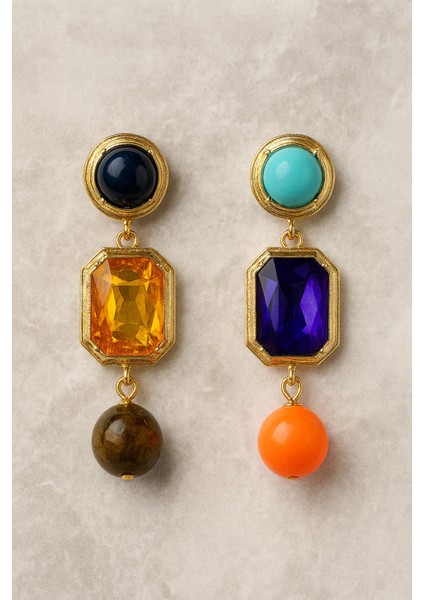 Renkli Taşlı Asimetrik Sallantılı Kadın Küpe – Altın Kaplama, Trend Tasarım fırsatları