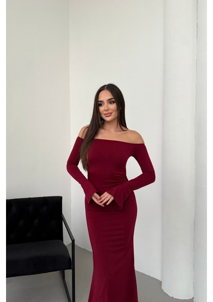 Kadın Drapeli Uzun Kollu Modanna Yaka Detaylı Uzun Elbise