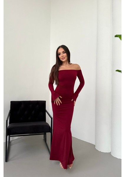 Kadın Drapeli Uzun Kollu Modanna Yaka Detaylı Uzun Elbise modelleri