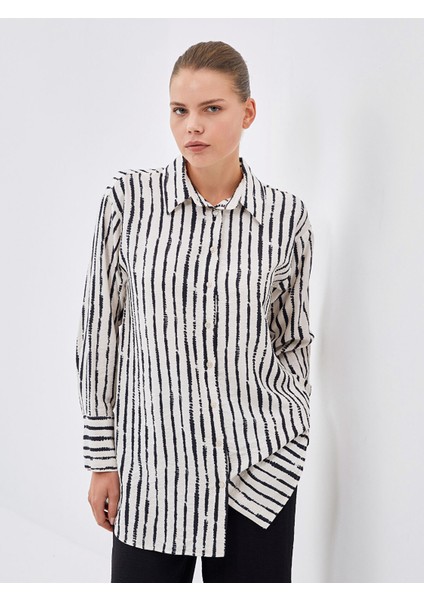 Yeni Sezon Çizgili Uzun Kollu Kadın Gömlek Tunik