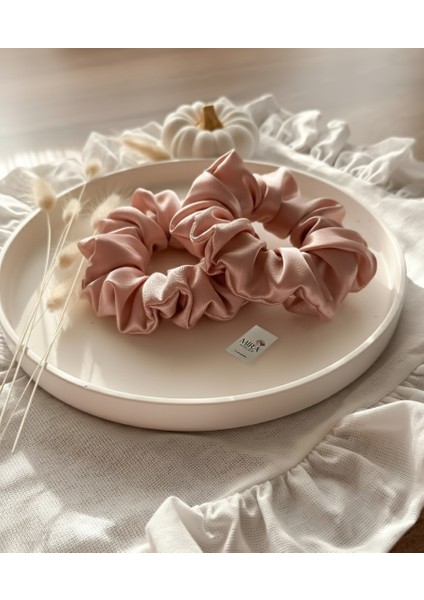 2'li Lüks Kadın Saten Toka - Bronz Pudra - Lastik Model Scrunchie - Anne Kız Kombini