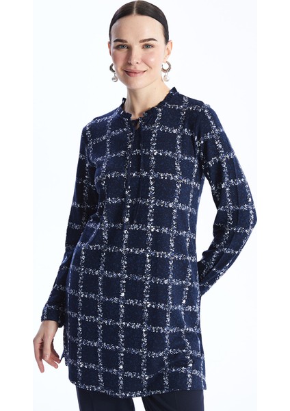 Yeni Sezon Bağlamalı Yaka Desenli Kadın Tunik