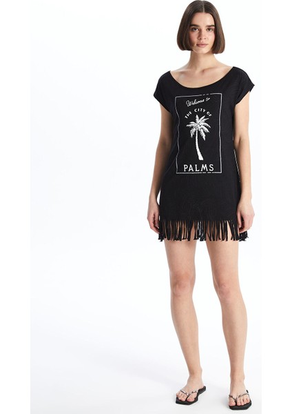 Yeni Sezon Bisiklet Yaka Baskılı Kısa Kollu Kadın Plaj Elbisesi