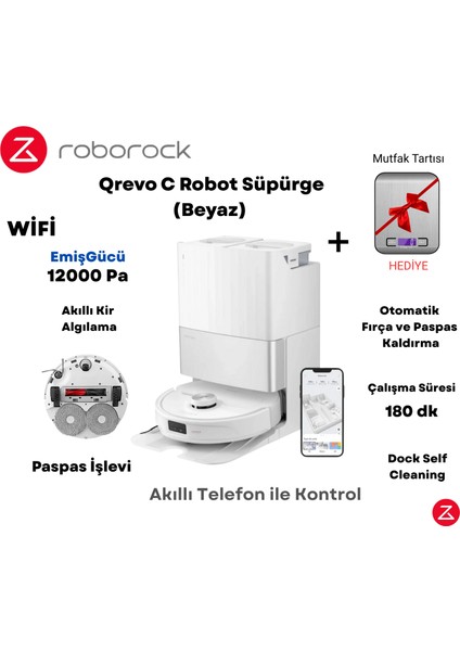 Emiş Gücü 12000 Pa Olan Qrevo C Robot Süpürge Beyaz+ Hassas Mutfak Tartısı Hediye