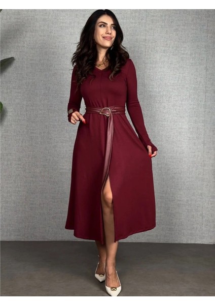 Kadın Uzun Kollu Yakalı Belden Deri Detaylı Kuşaklı Yırtmaçlı Midi Viskon Iki Iplik Elbise modelleri