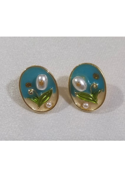 El Boyaması Çiçek Desenli Inci Detaylı Oval Küpe