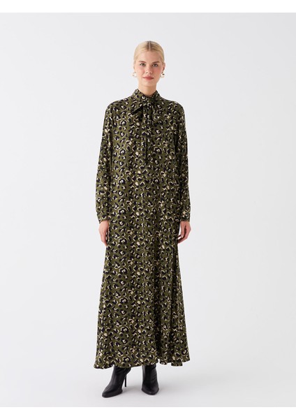Yeni Sezon Hakim Yaka Desenli Uzun Kollu Elbise