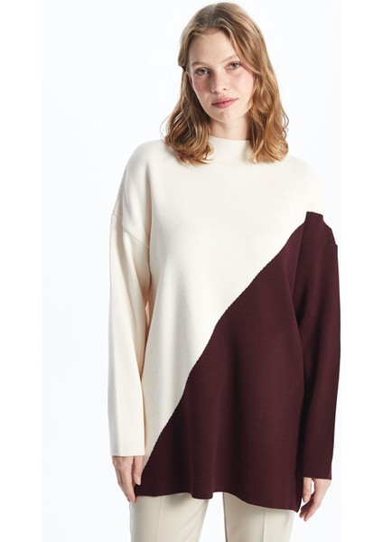 Yeni Sezon Yarım Balıkçı Yaka Renk Bloklu Kadın Triko Tunik