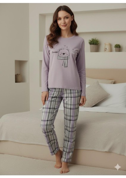 Interlok Kumaş Uzun Kollu Kadın Pijama Takımı Desenli Baskılı