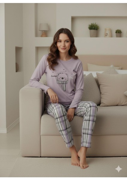 Interlok Kumaş Uzun Kollu Kadın Pijama Takımı Desenli Baskılı fırsatları