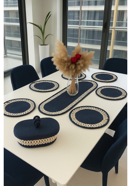 6’lı Supla 1 Runner 1 Kapaklı Örgü Ekmek Sepeti Seti Krem Lacivert Desenli Sunumluk