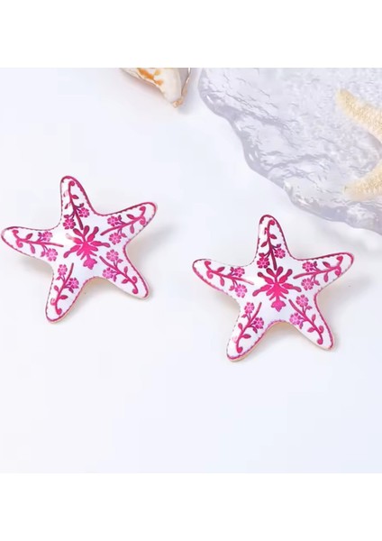 Pembe Desenli Seramik Görünümlü Deniz Yıldızı Küpe