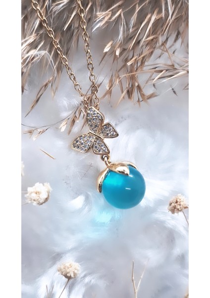 Mavi Damla Kelebek Çelik Kolye modelleri