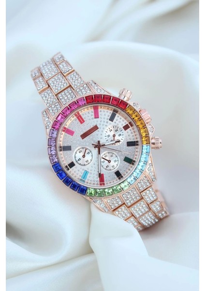 Clariss Trend Rose Metal Kordonlu Zirkon Taş Kaplama Renkli Taşlı Kasa Tasarımlı Lüx Kadın Kol Saati ( Lisinya )