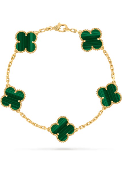 Van Cleef & Arpels Vintage Alhambra Bileklik, 5 Motif Yonca 925 Ayar Sarı Gümüş, Yeşil Malakit Taşlı