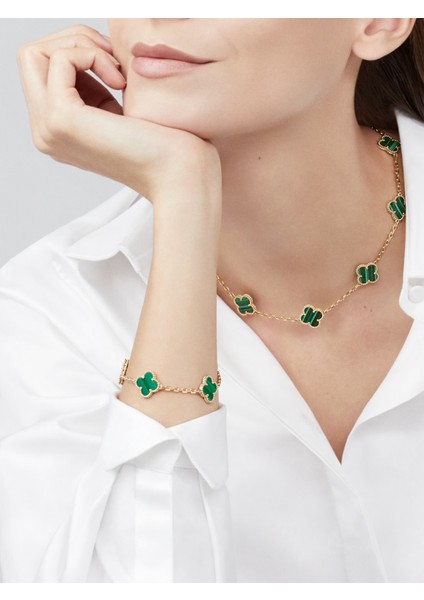 Van Cleef & Arpels Vintage Alhambra Bileklik, 5 Motif Yonca 925 Ayar Sarı Gümüş, Yeşil Malakit Taşlı fiyatları