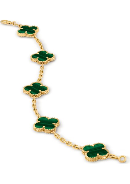 Van Cleef & Arpels Vintage Alhambra Bileklik, 5 Motif Yonca 925 Ayar Sarı Gümüş, Yeşil Malakit Taşlı modelleri