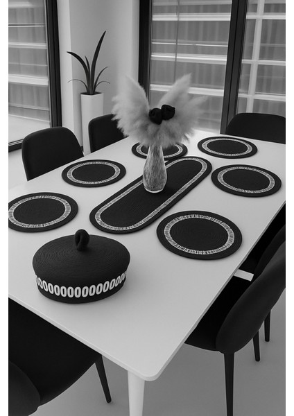 6’lı Supla 1 Runner 1 Kapaklı Örgü Ekmek Sepeti Seti Siyah Krem Desenli Sunumluk