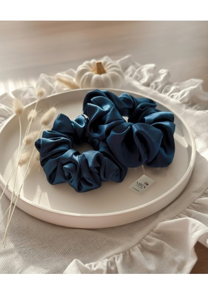 2'li Lüks Kadın Saten Toka - Derin Mavi - Lastik Model Scrunchie - Anne Kız Kombini