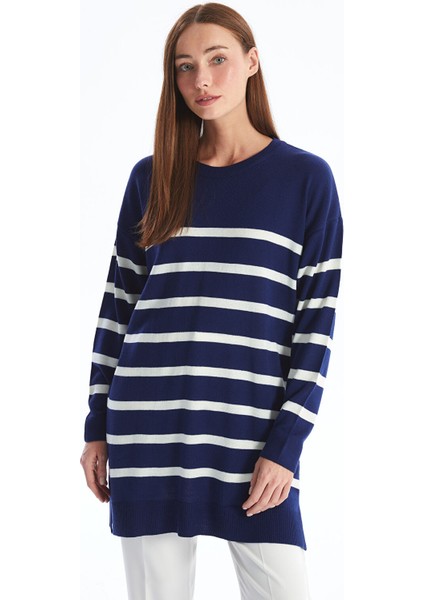 Yeni Sezon Bisiklet Yaka Çizgili Uzun Kollu Kadın Triko Tunik