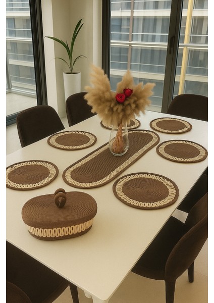 6’lı Supla 1 Runner 1 Kapaklı Örgü Ekmek Sepeti Seti Krem Kahve Desenli Sunumluk