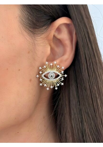 Altın Renk Işıltılı Göz Figürlü Taşlı Küpe