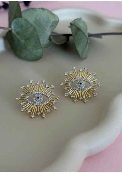 Altın Renk Işıltılı Göz Figürlü Taşlı Küpe fiyatları