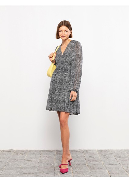 Yeni Sezon V Yaka Desenli Uzun Kollu Şifon Elbise